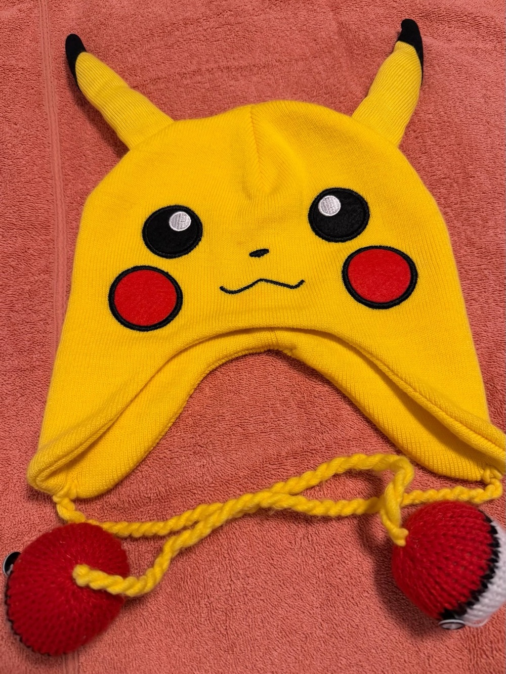 Pokémon Yellow Pikachu Knit Earflap Hat with Red Pokéball Pom-Poms